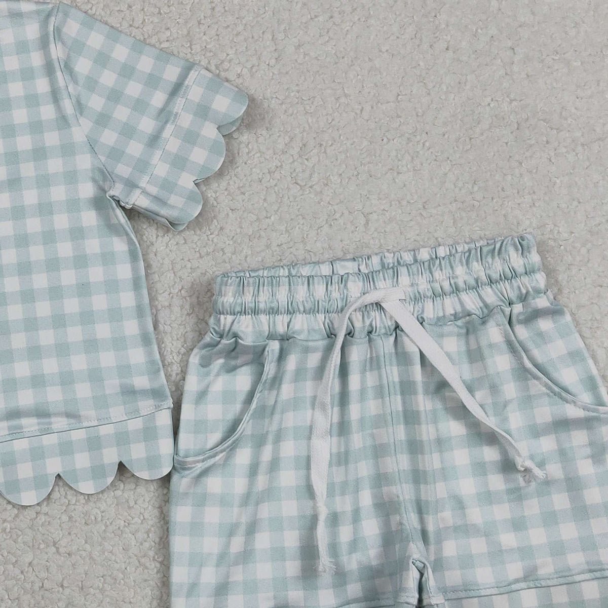 RTS NO MOQ GSSO3184 Baby Girls Blue Checked Top with Scallop Pockets Short Sleeve Outfit