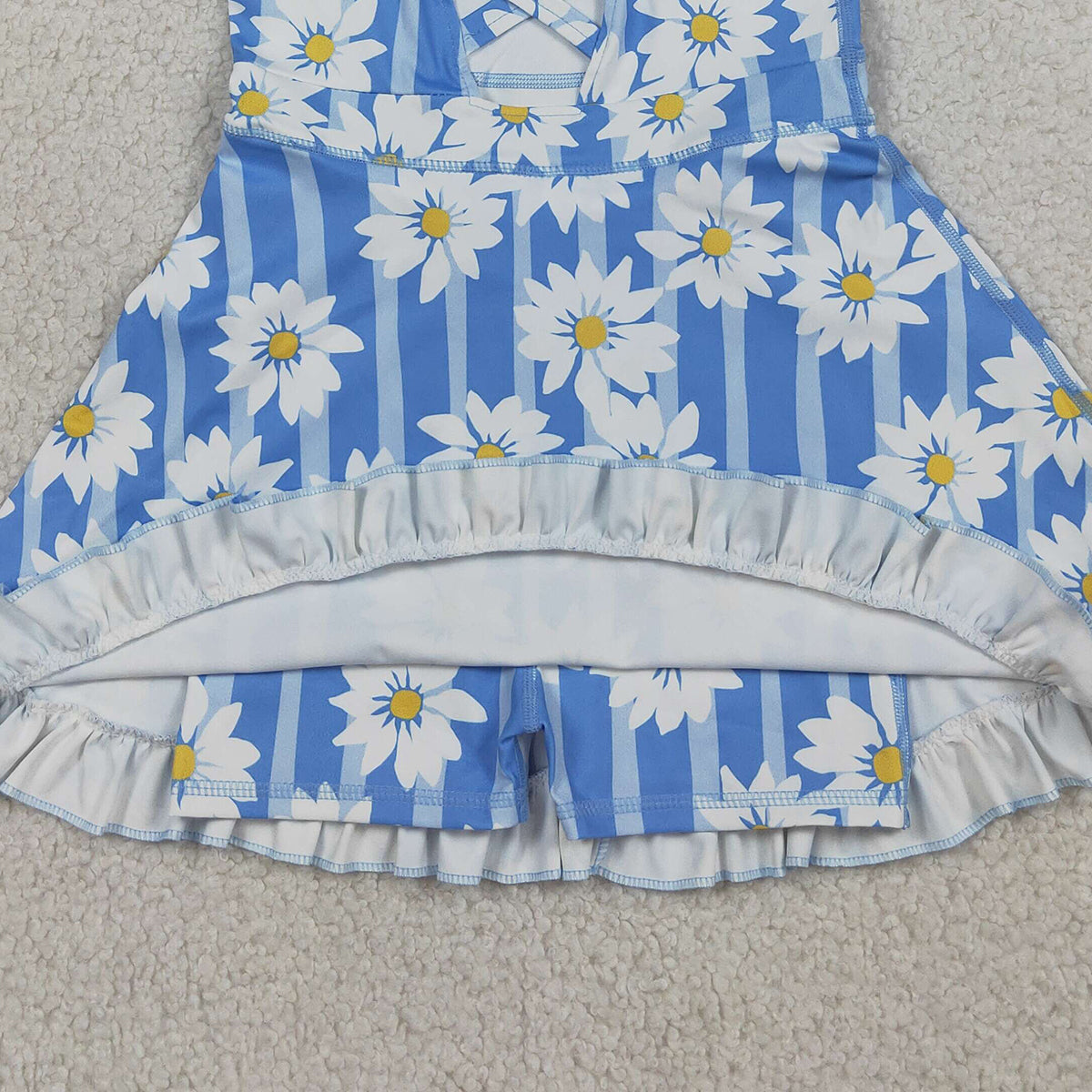 RTS NO MOQ GSD2283 Baby Girls Blue Strap Floral Print Yoga Dress with Ruffle Knee-Length Casual Outfit for Toddlers