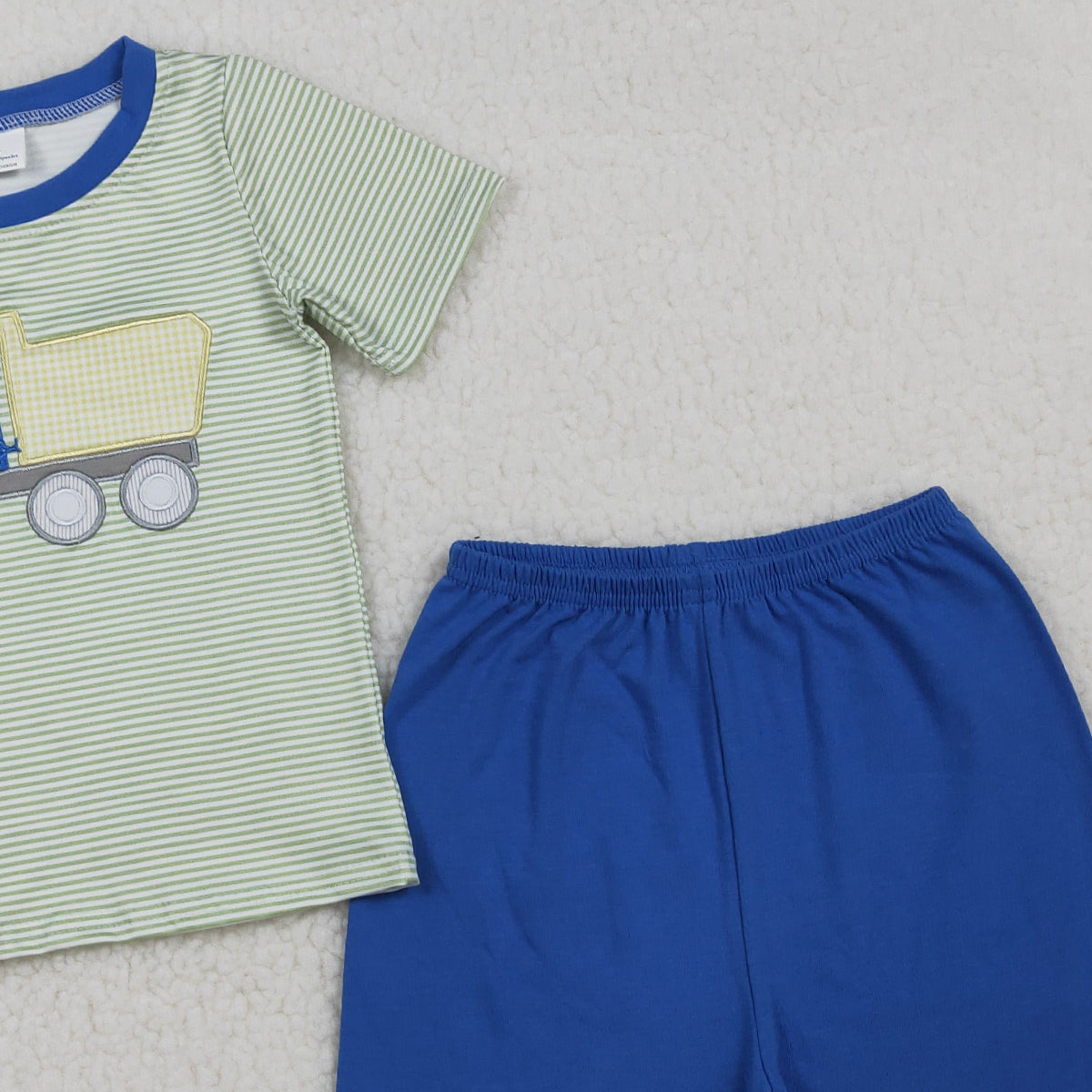 RTS NO MOQ BSSO1833 Baby Boys Embroidery Tractors Short Sleeve Stripe Top with Shorts Cute Clothes Set