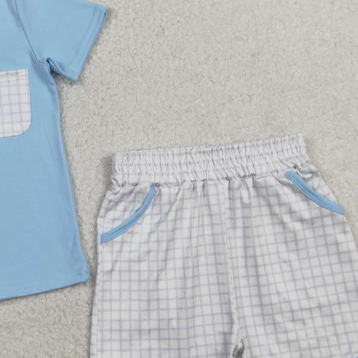 RTS NO MOQ BSSO1762 Baby Boys Blue Checked Shirt And Shorts Set Short Sleeve Top with Pockets Clothing Outfit for Infants