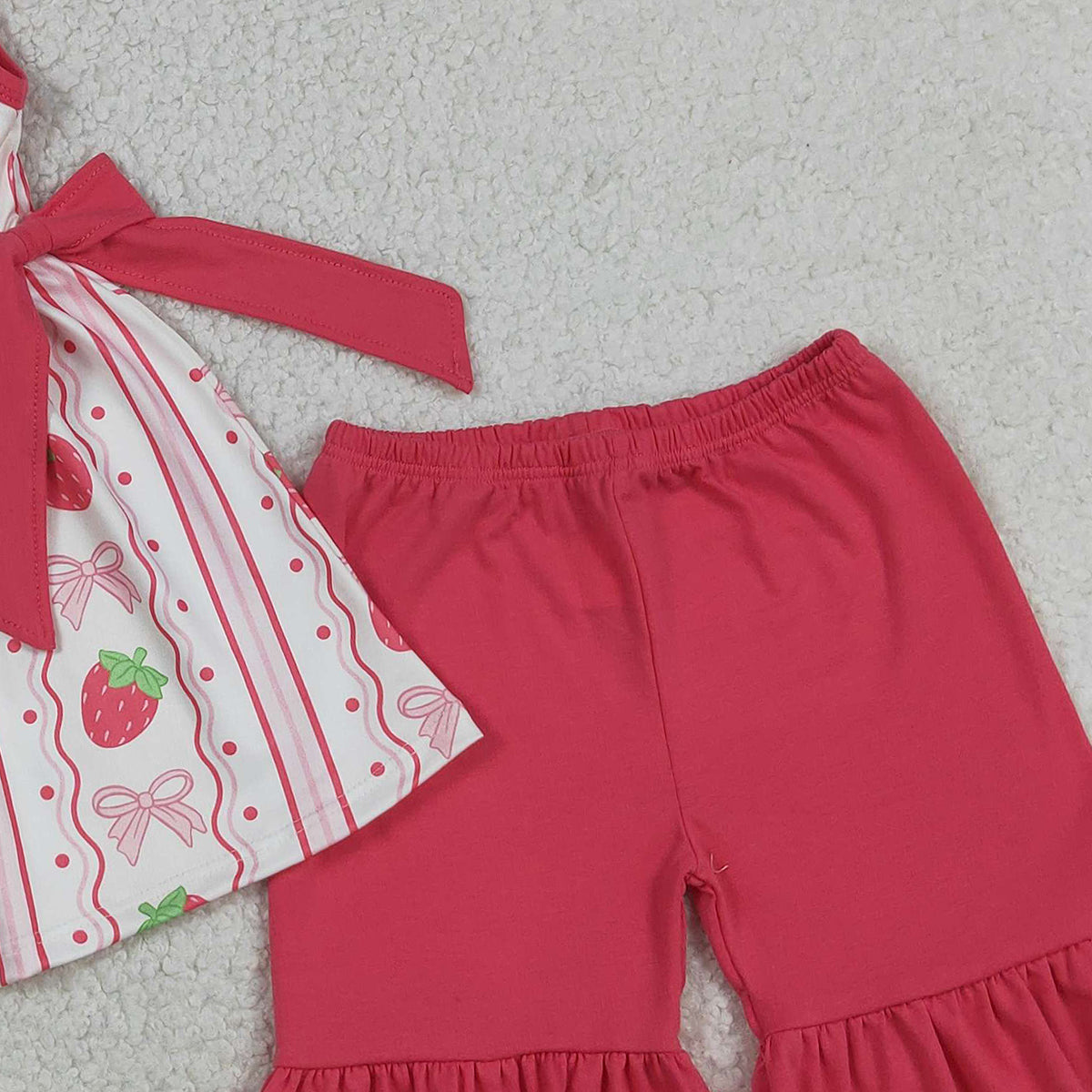 RTS NO MOQ GSSO3276 Baby Girls Strawberry Bows Tunic Ruffle Shorts Outfit Set Striped Print