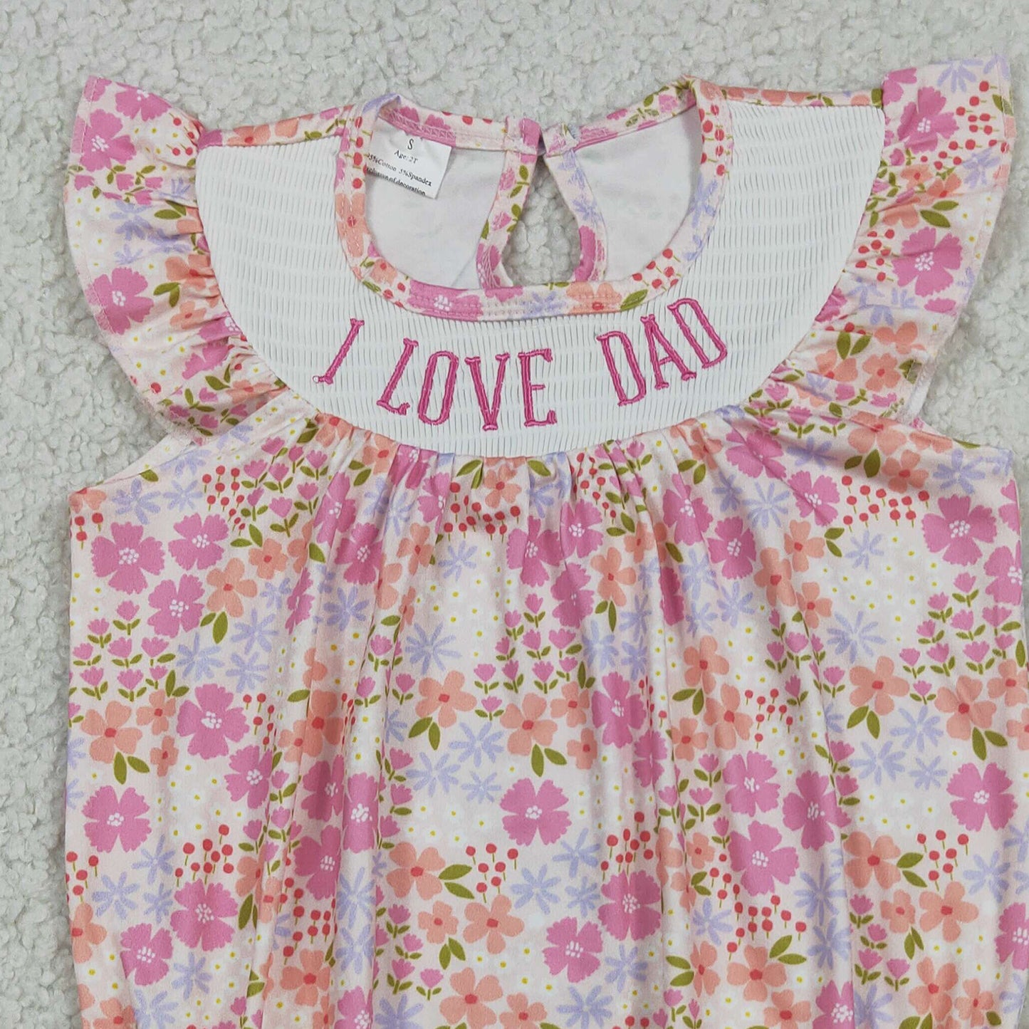 RTS NO MOQ milk silk SR4142 Baby Girls Cute Smocked I Love Dad Colorful Flowers Ruffle Rompers