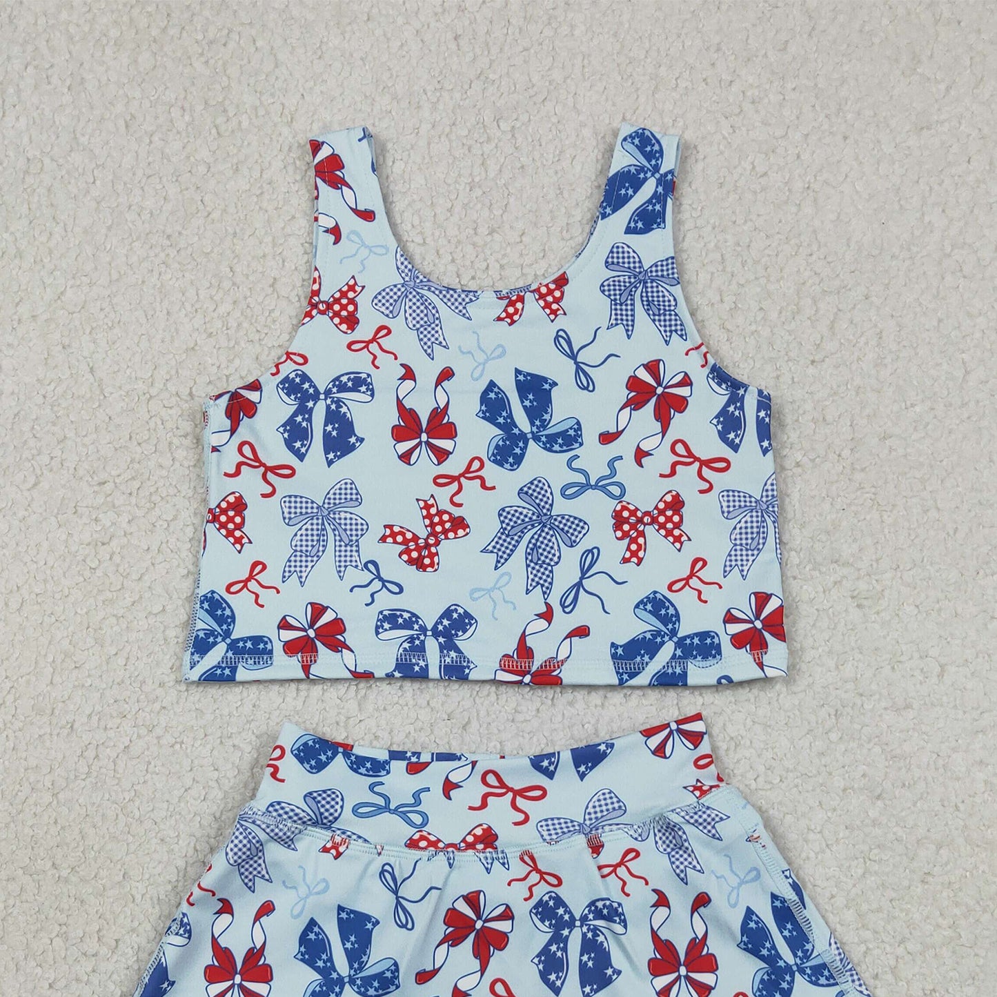 RTS NO MOQ yoga fabric GSD3874 Baby Girls Red Blue Bows Vests Skirt Short Yoga Active 4th of July Clothes Set
