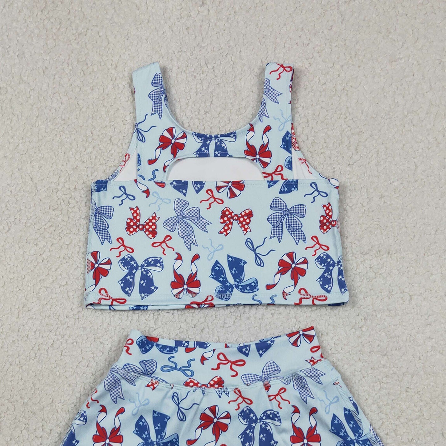 RTS NO MOQ yoga fabric GSD3874 Baby Girls Red Blue Bows Vests Skirt Short Yoga Active 4th of July Clothes Set