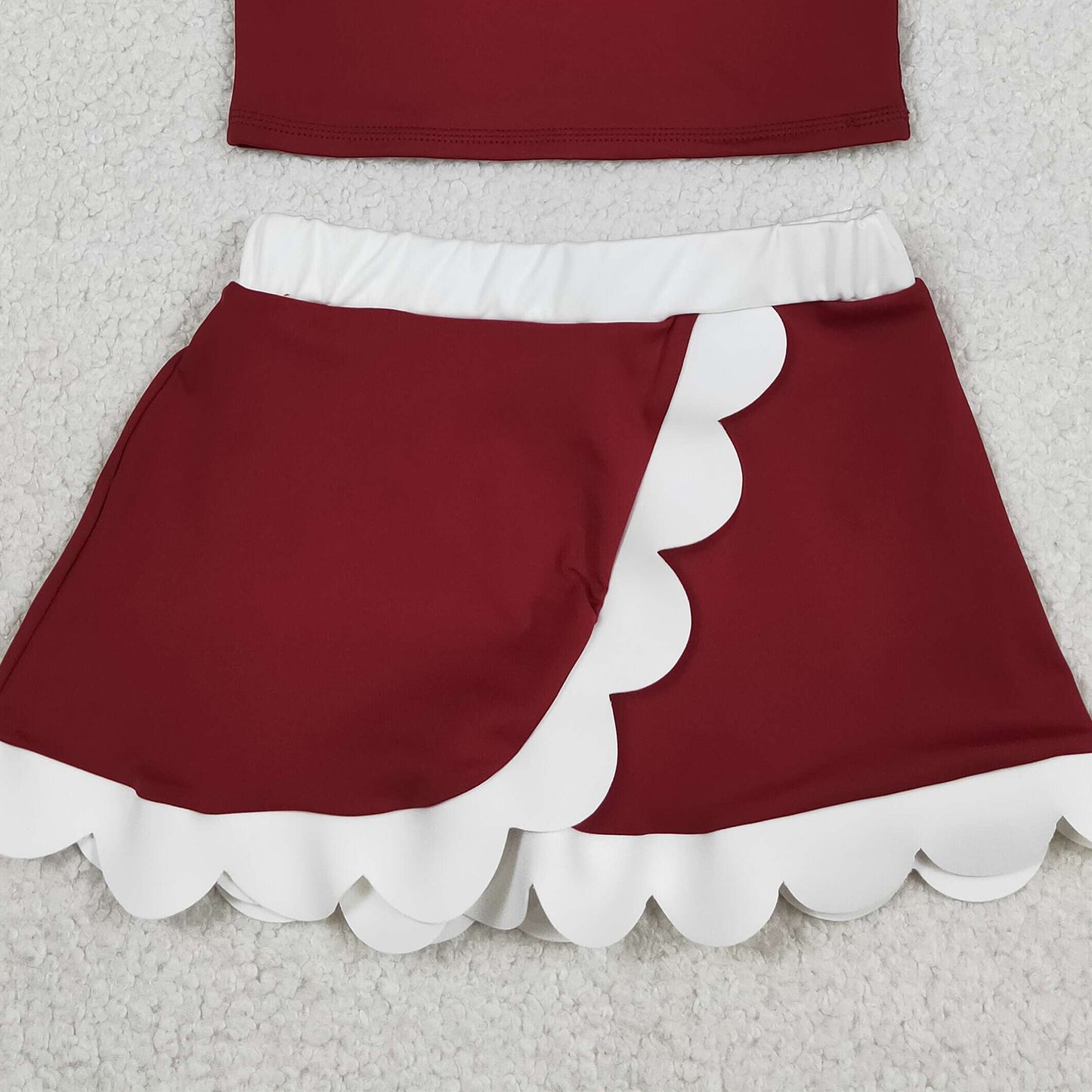 RTS NO MOQ yoga fabric cotton GSD4027 Yoga Baby Girls Sleeveless Dark Red Scallop Edge Vest And Skirt Set Short Yoga Active Children's Outfit