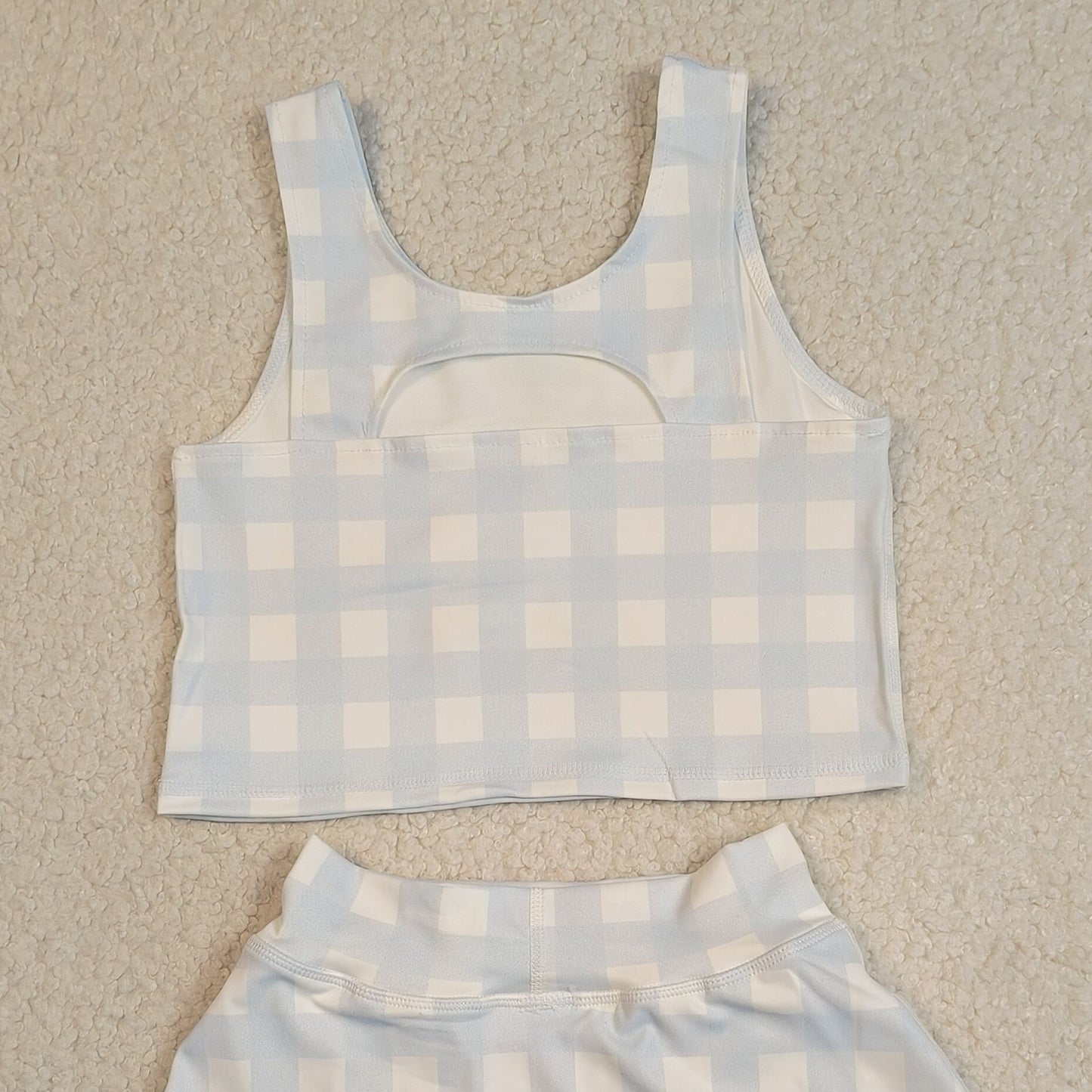 RTS NO MOQ GSD3839 Baby Girls Light Blue Checked Vest Short Skirt Yoga Active Clothes Set