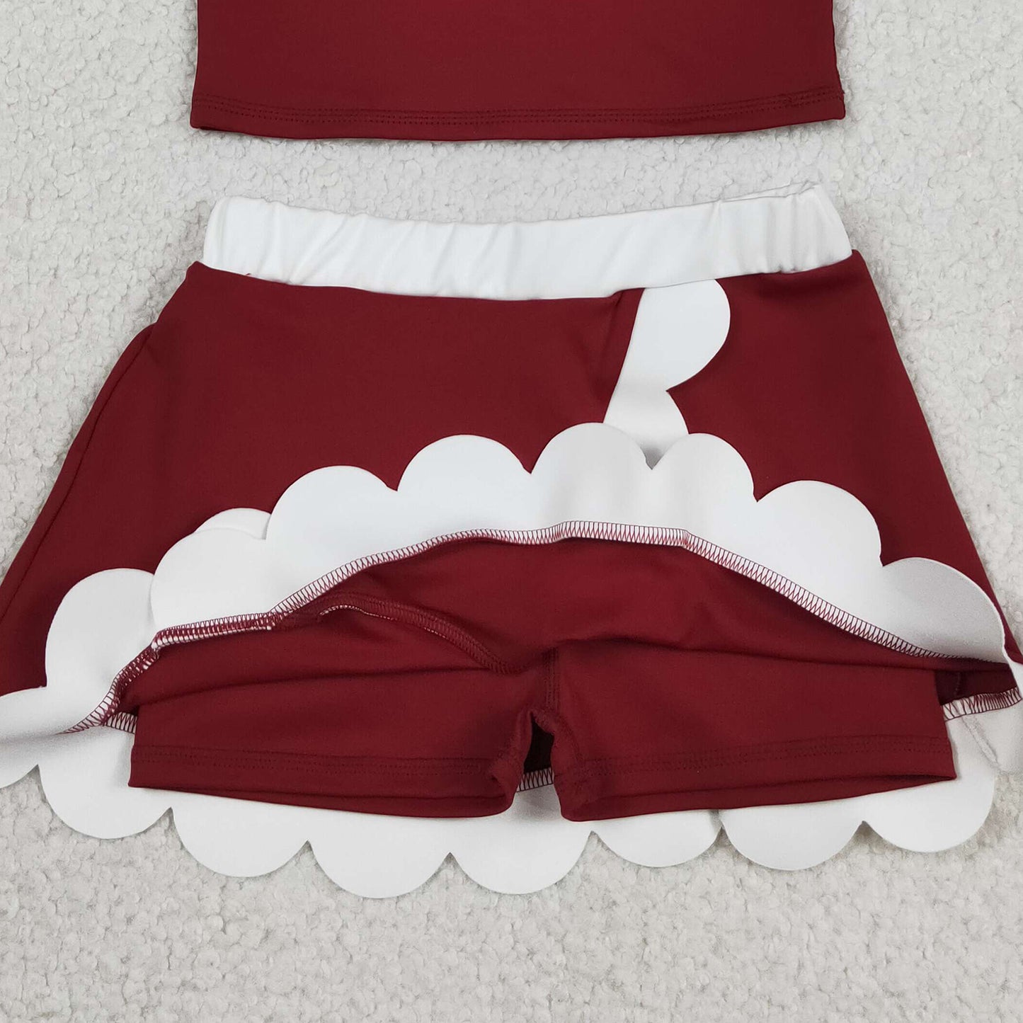 RTS NO MOQ GSD4027 yoga fabric Kids Girls Dark Red Scallop Sleeveless Vest Yoga Skirt Clothes Set