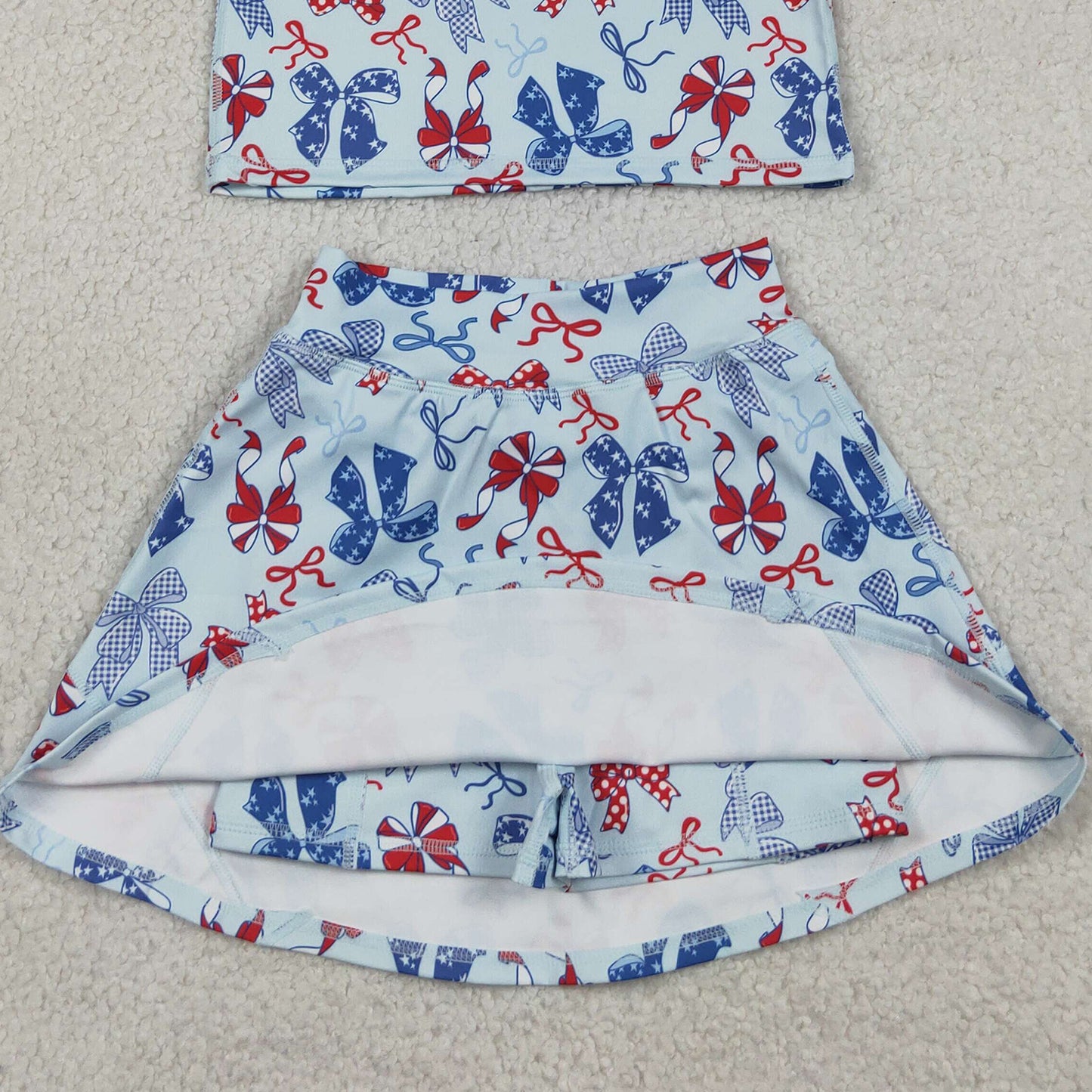 RTS NO MOQ yoga fabric GSD3874 Baby Girls Red Blue Bows Vests Skirt Short Yoga Active 4th of July Clothes Set