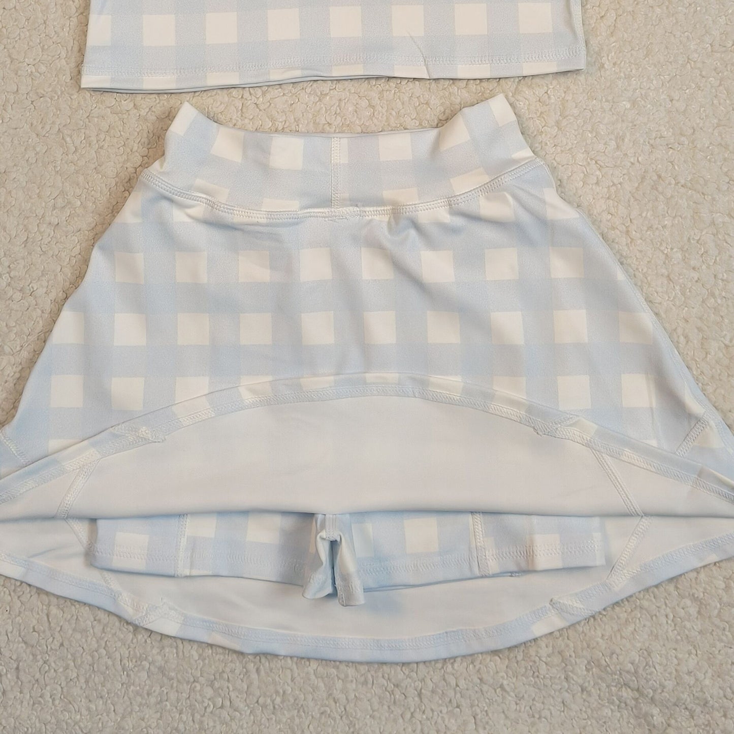 RTS NO MOQ GSD3839 Baby Girls Light Blue Checked Vest Short Skirt Yoga Active Clothes Set