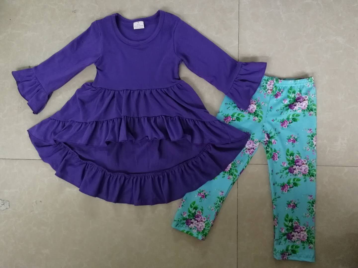 custom moq 5 flowers  cotton purple top with long pants outfits