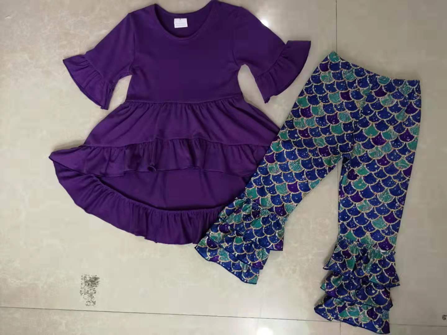 custom moq 5 purple top with long pants ruffle pants