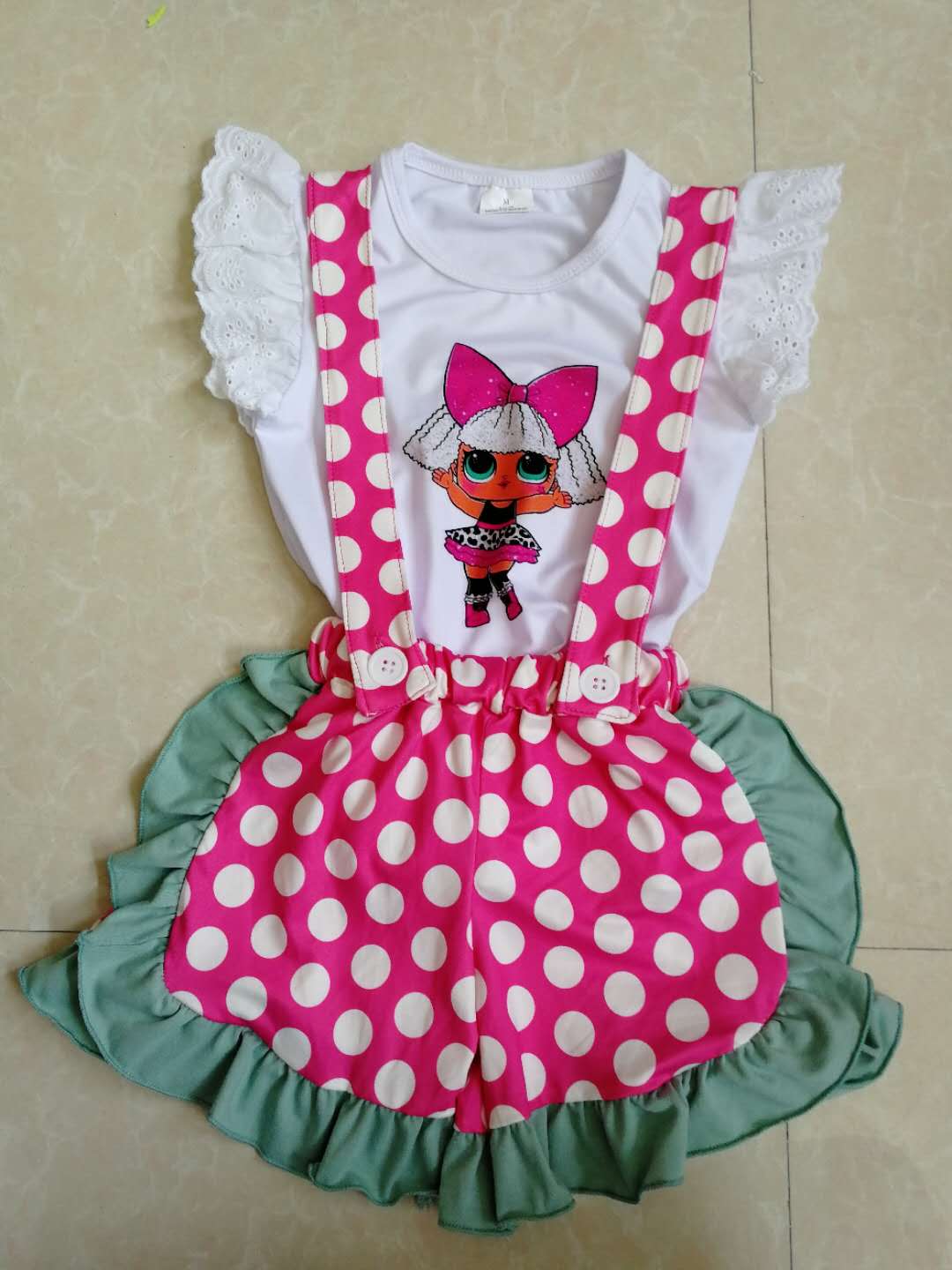 Pink polka dot white top overalls suit