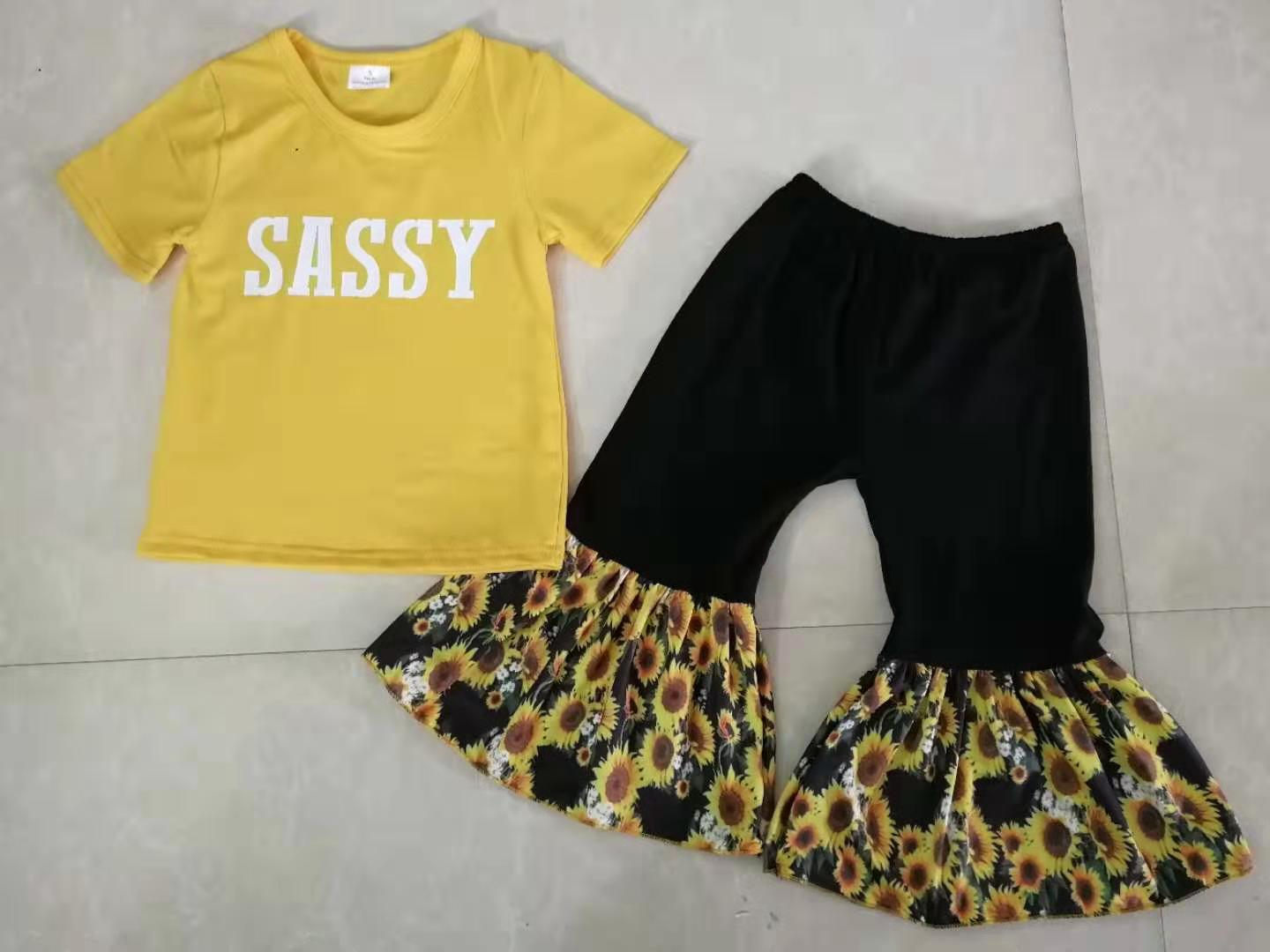 saddy yellow top with sunflower long pants sets