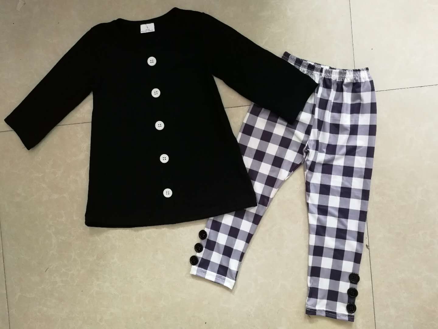 custom moq 5 Black cotton plaid trousers and leggings outfits Girls long sleeve and long pants outfits