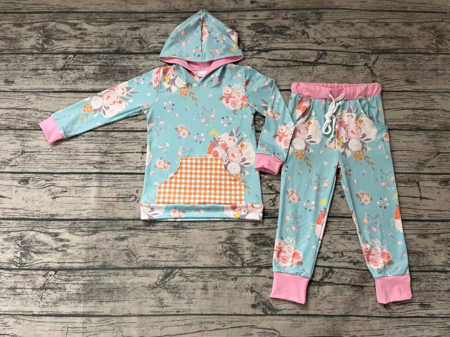 GLP0546 Girls Flower Plaid Pocket Blue Pink Hooded Long Sleeve Trousers Set