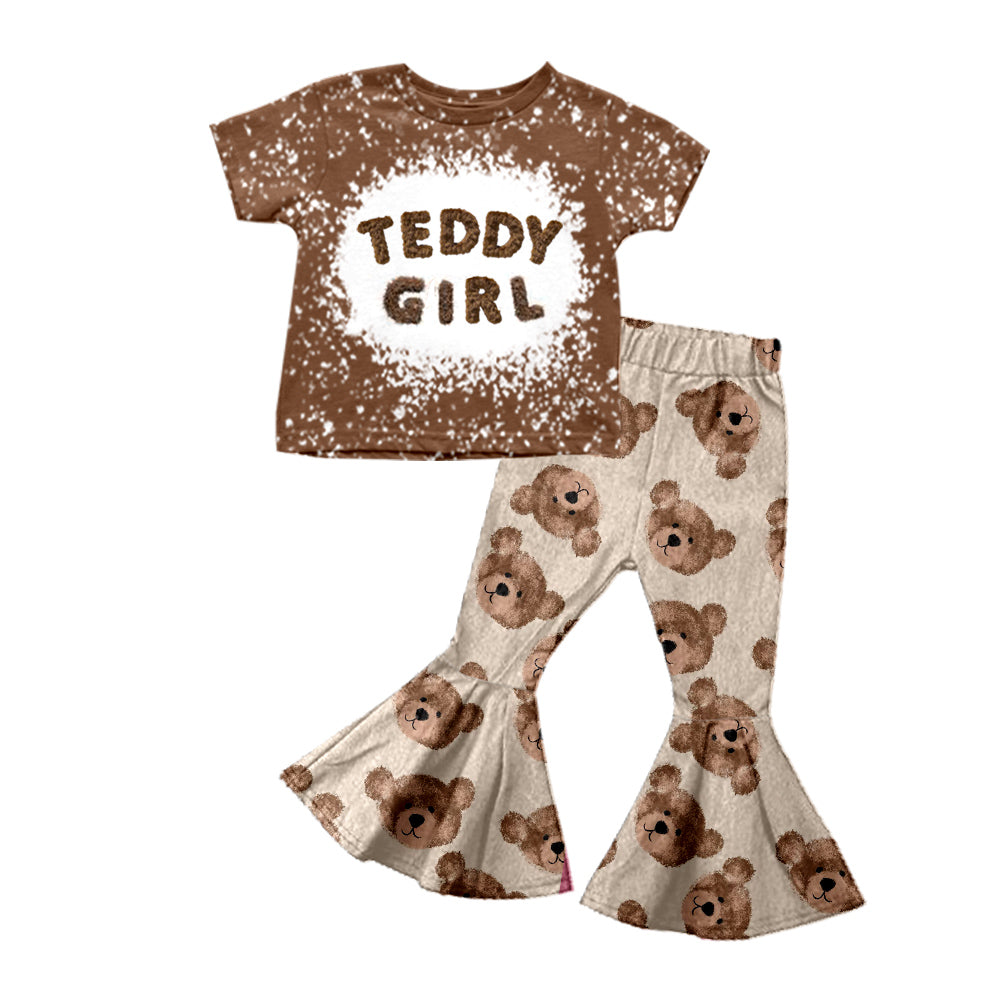 custom girls short sleeve long pants teddy girl print moq 5