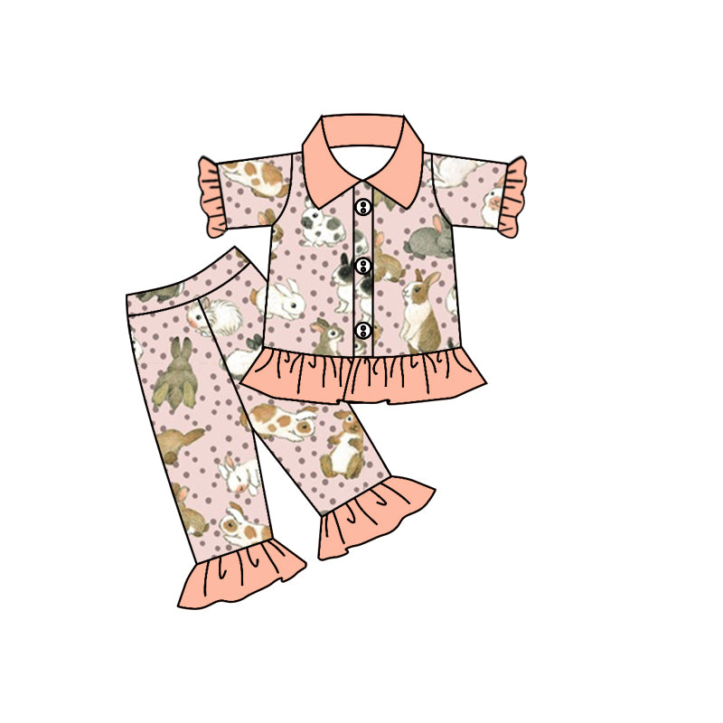 custom girls short sleeve long pants rabbit print moq 5