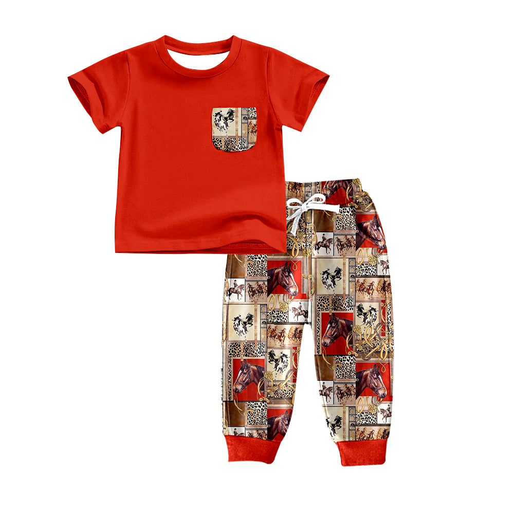 custom boys red short sleeve long pants horse print moq 5