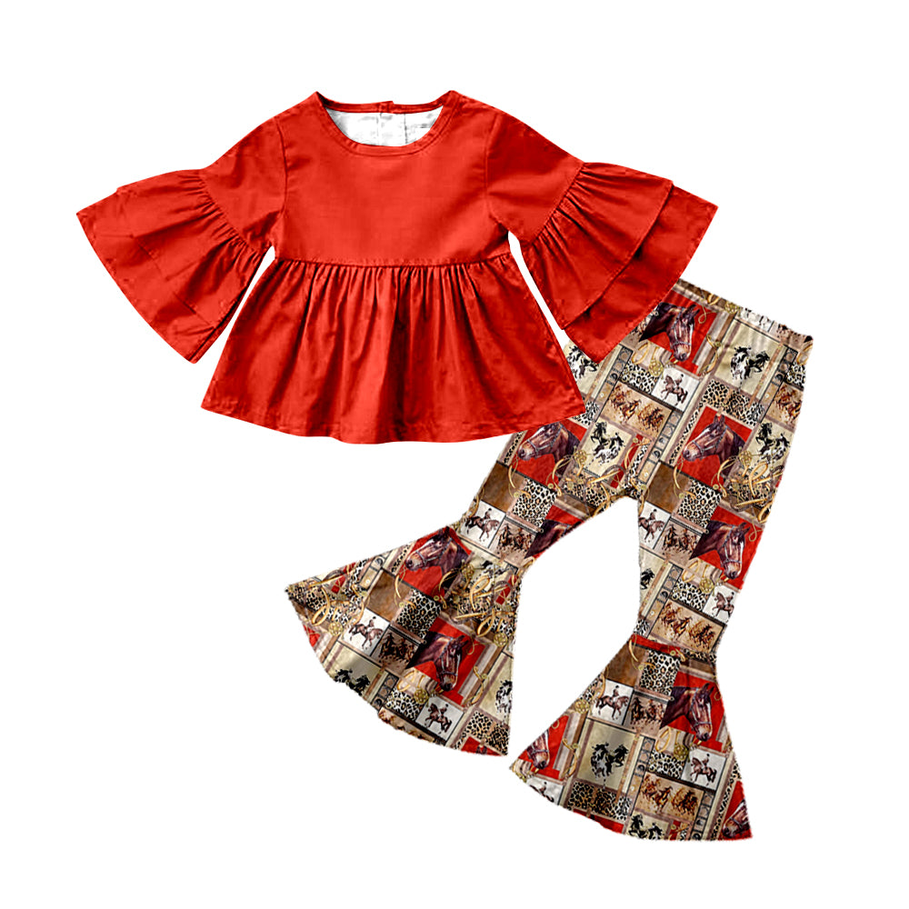 custom girls red short sleeve long pants horse print moq 5
