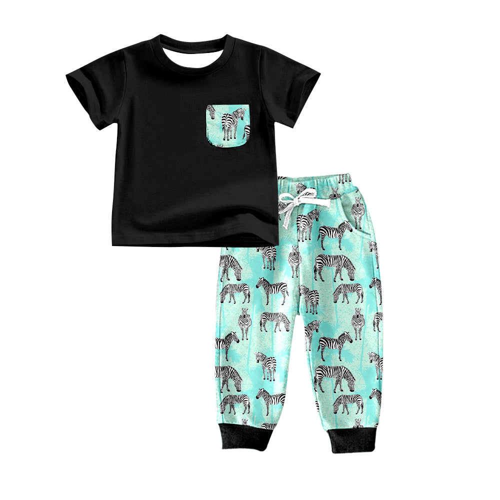 custom boys black short sleeve long pants zebra print moq 5