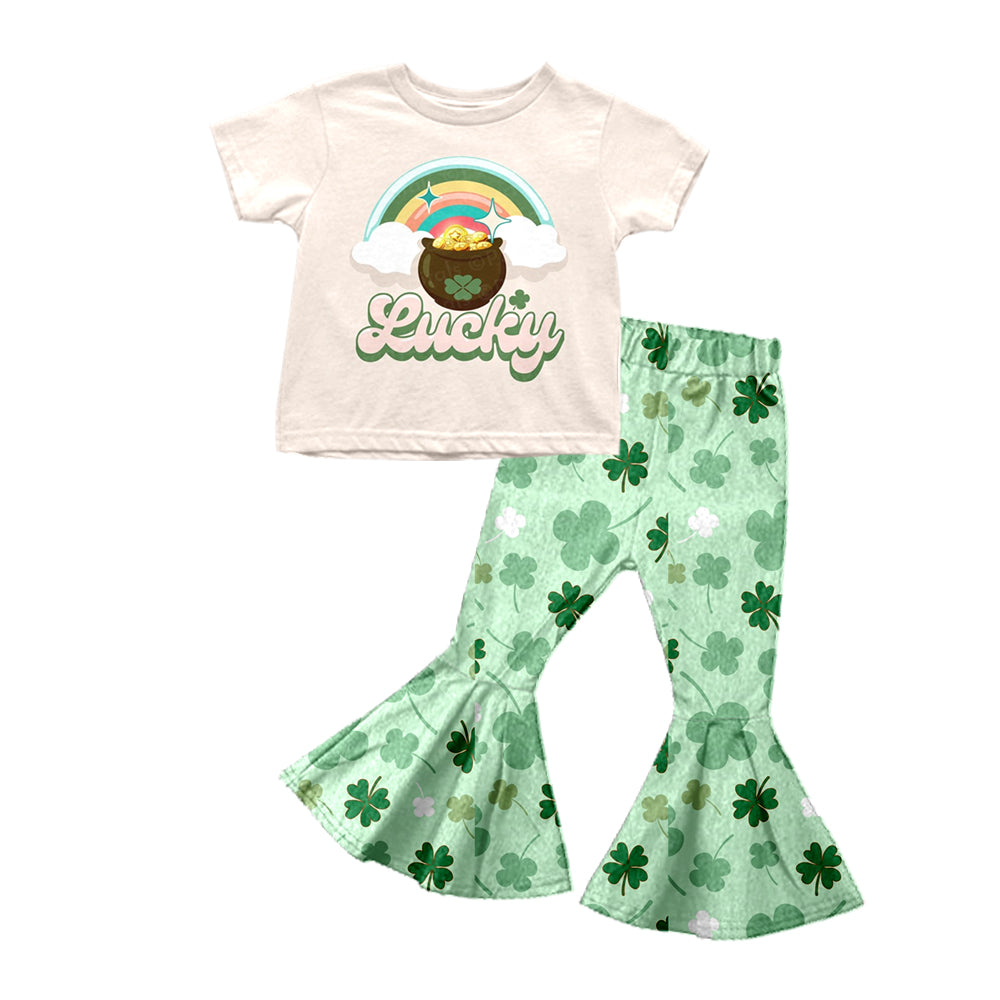 custom girls short sleeve long pants lucky print moq 5