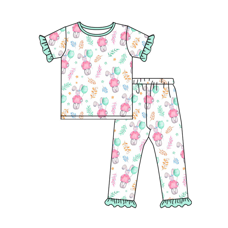 custom girls short sleeve long pants rabbit print moq 5