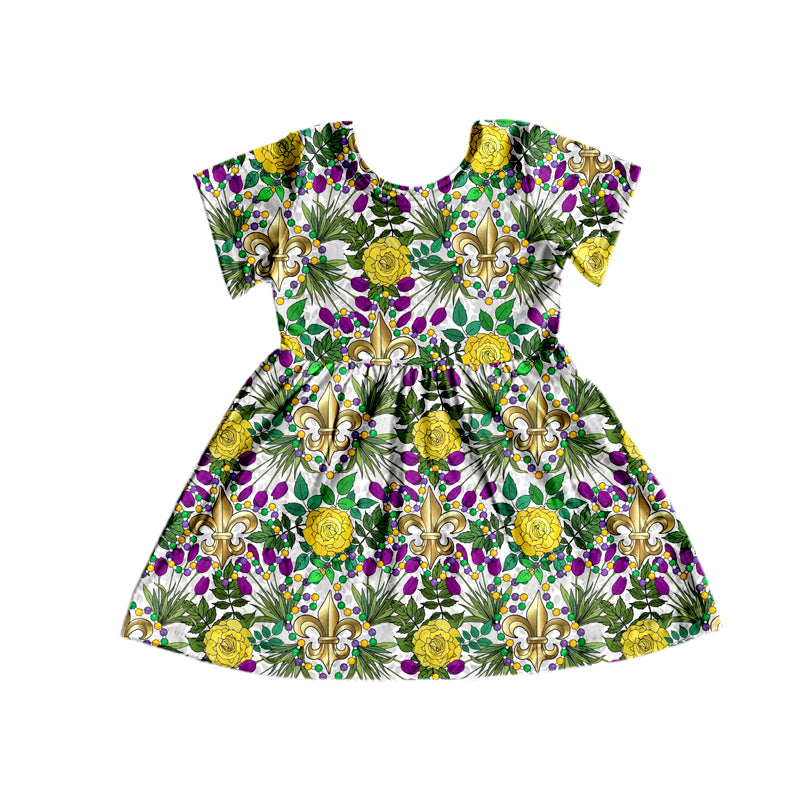 custom moq 3 mix size Mardi Gras kids clothing flower grass summer dresses purple color girls dresses