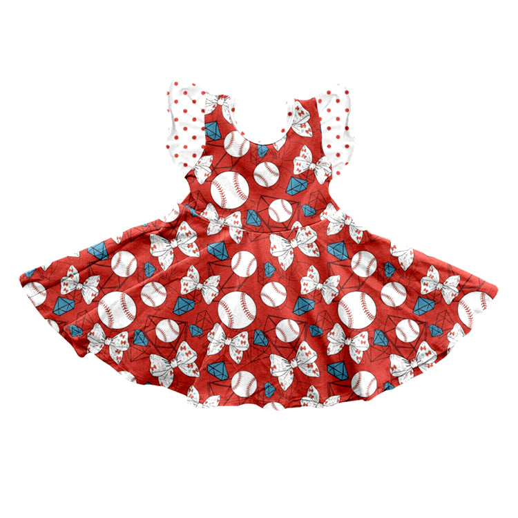 custom moq 3 mix size Valentine's Day bow baseball diamond summer dresses polka dots girls dresses red color kids clothing girls
