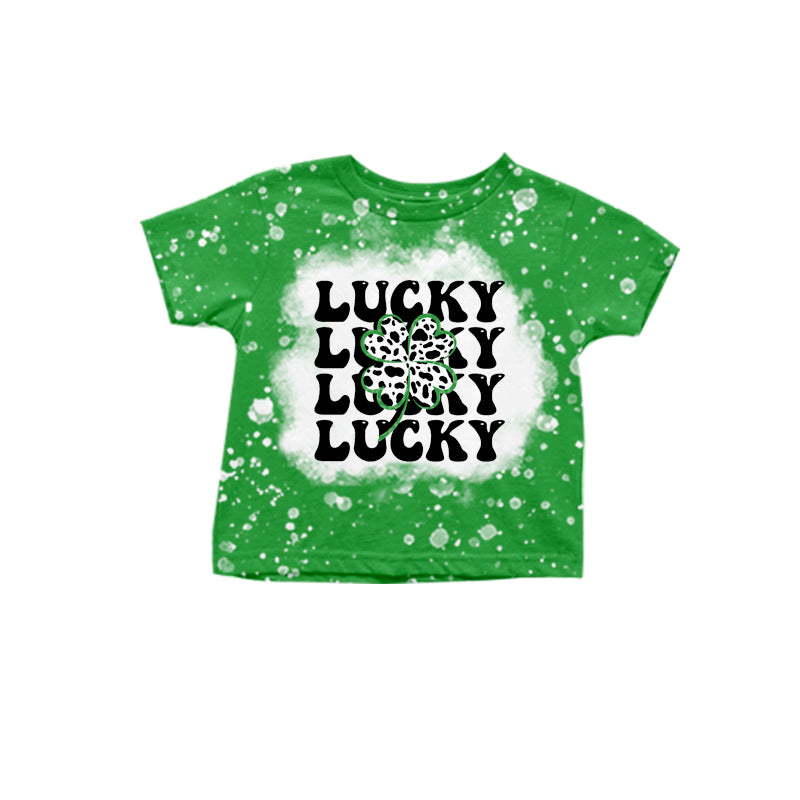 custom moq 3 mix size Four leaf clover summer sleeve shirt green color lucky childrens clothing St. Patrick's Day clothing