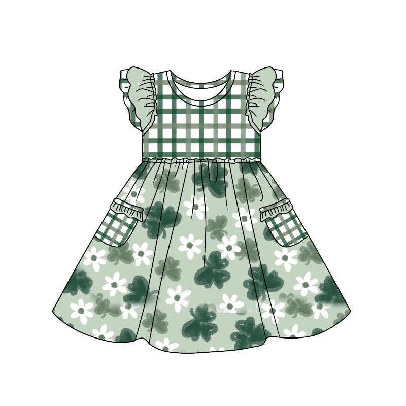 custom moq 3 mix size ploral clover with pocket girl dresses green color plaid kids clothing St. Patrick's Day girls dresses