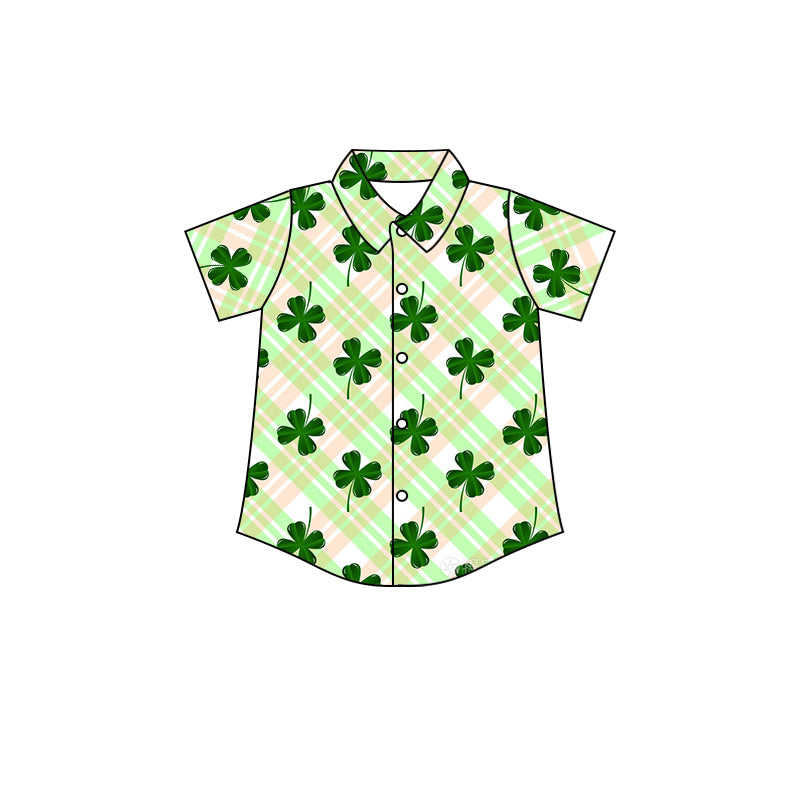 custom moq 3 mix size four leaf clover t-shirt green color lattice kids clothing St. Patrick's Day