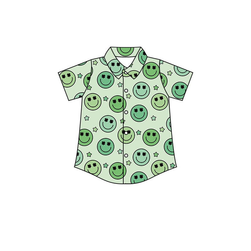 custom moq 3 mix size smile star summer sleeve shirt green color clover kids clothing St. Patrick's Day childrens clothing