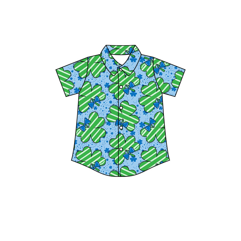 custom moq 3 mix size clover summer sleeve shirt bow tie green color childrens clothing St. Patrick's Day clothing