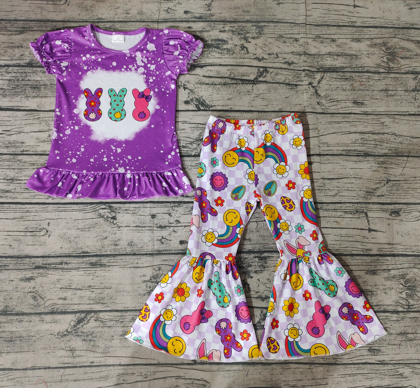 GSPO1116 Three Rabbits Lace Short Sleeve Smiley Rainbow Purple and White Plaid Pants Suit