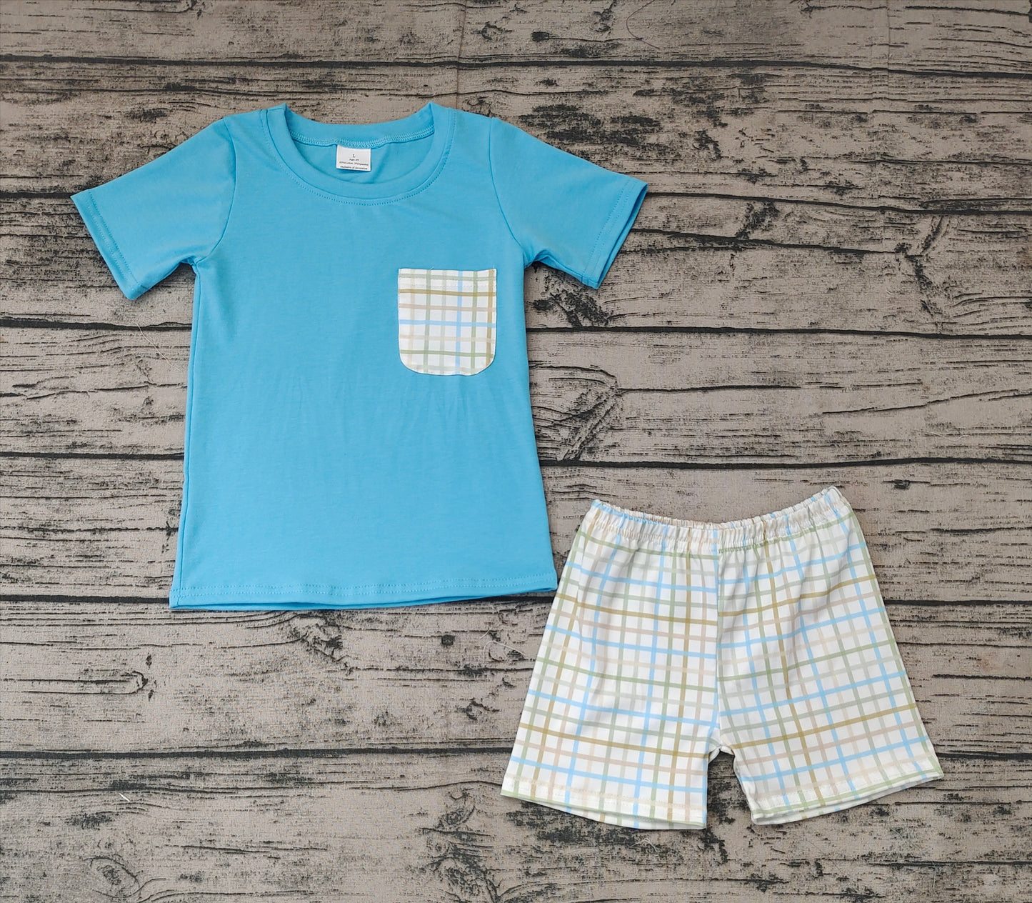 BSSO0372 Green Striped Pocket Blue Short Sleeve Shorts Suit