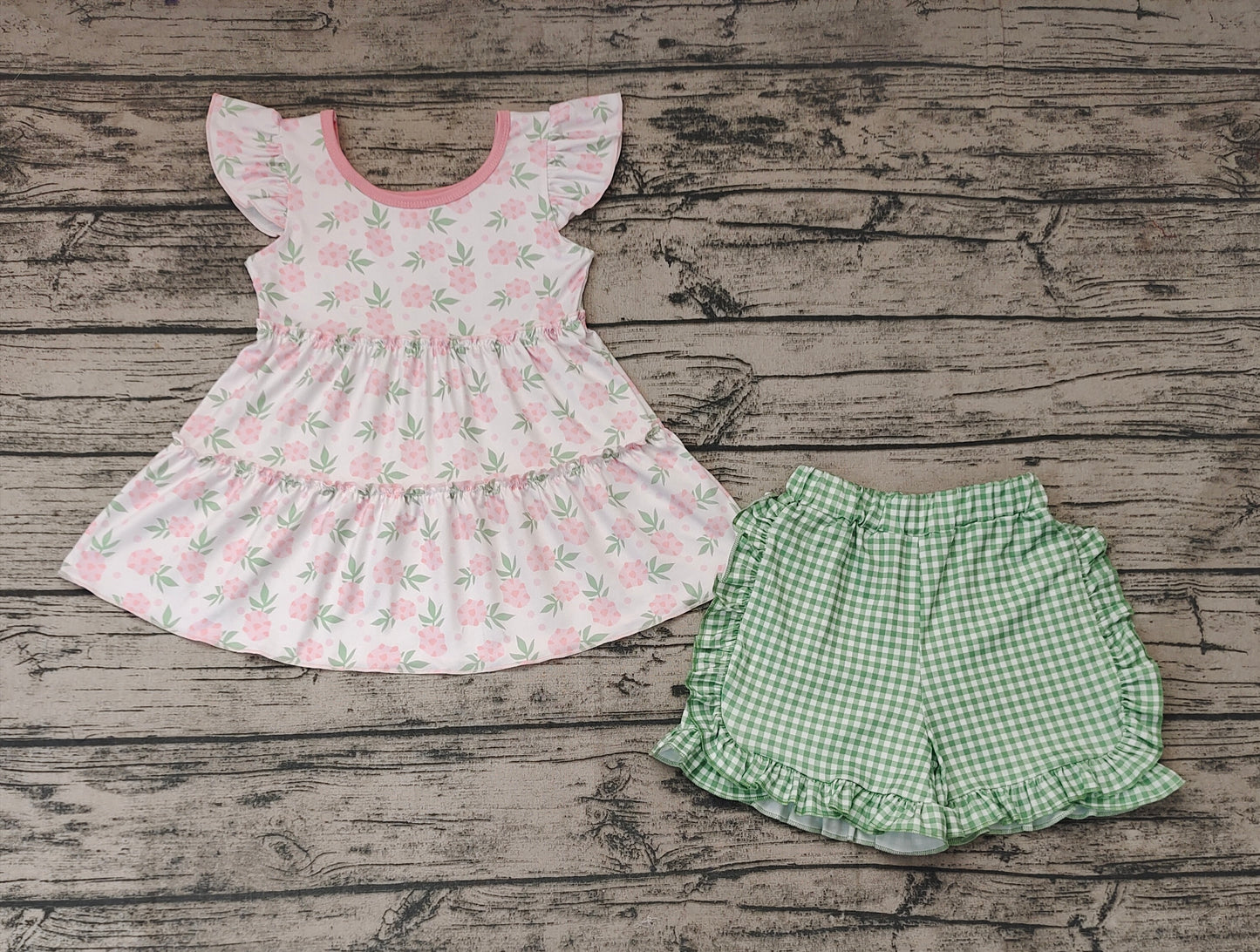 GSSO0440 Pink flower white flying sleeves green plaid shorts suit