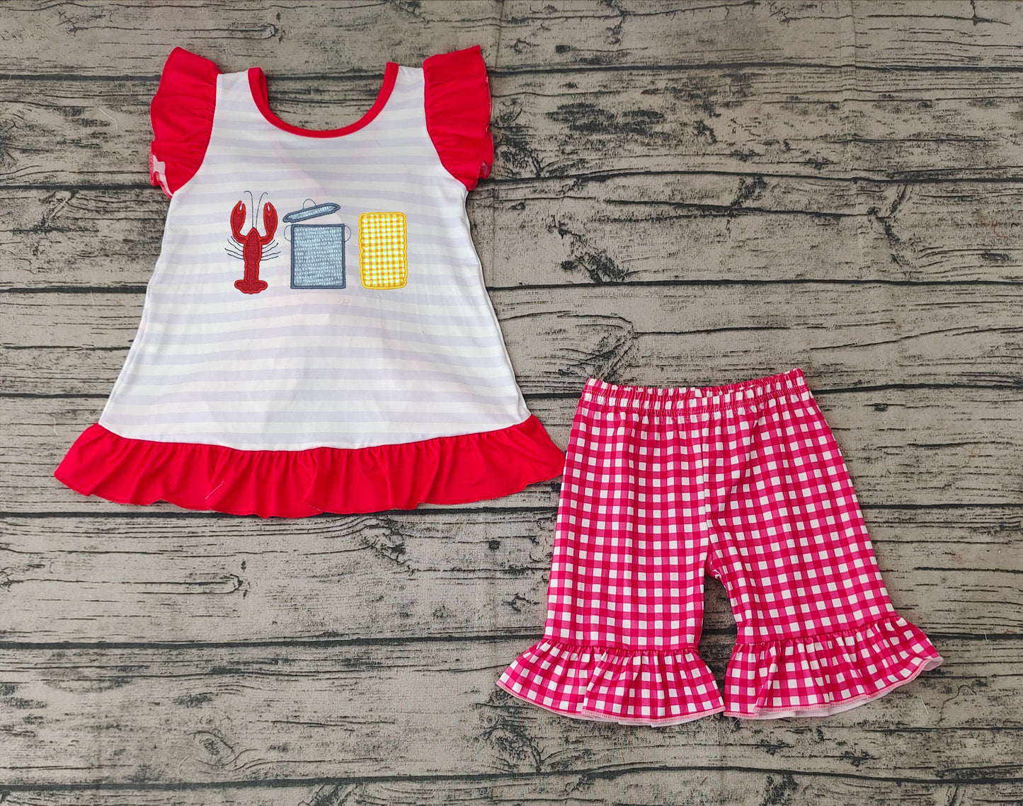 GSSO0455 Crayfish corn striped bow flying sleeve red and white plaid shorts suit