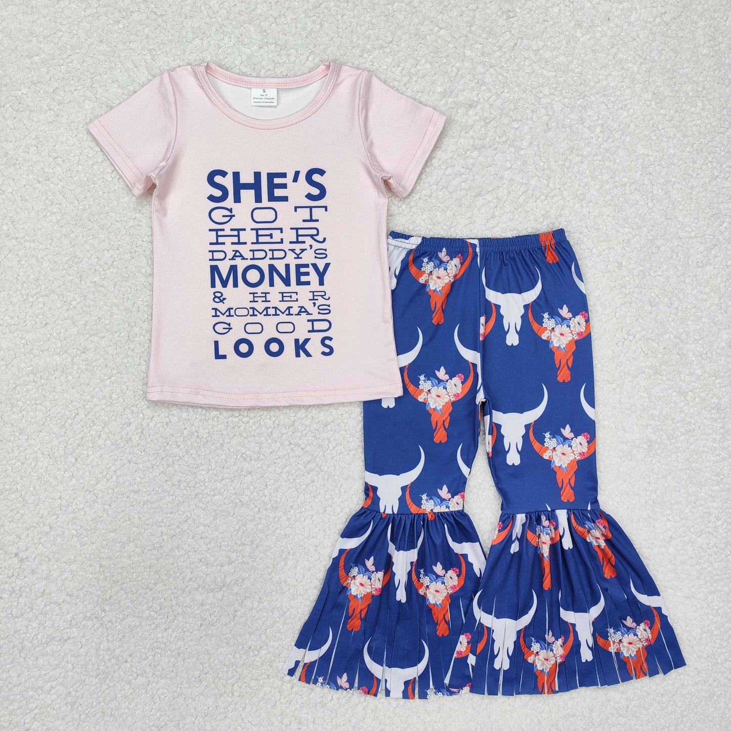 RTS NO MOQ ETA 5/7days Arrived GSPO1720 money looks pink short-sleeved alpine bull head tassel blue trousers suit