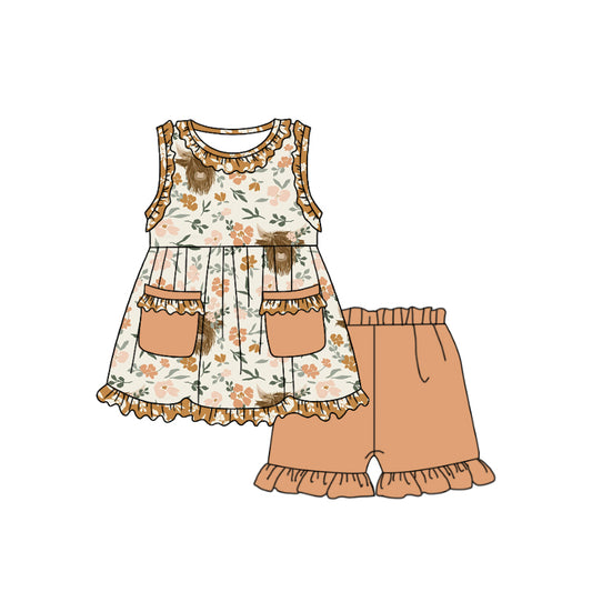 Custom moq 3 Girls alpine flower sleeveless with pocket shorts suit