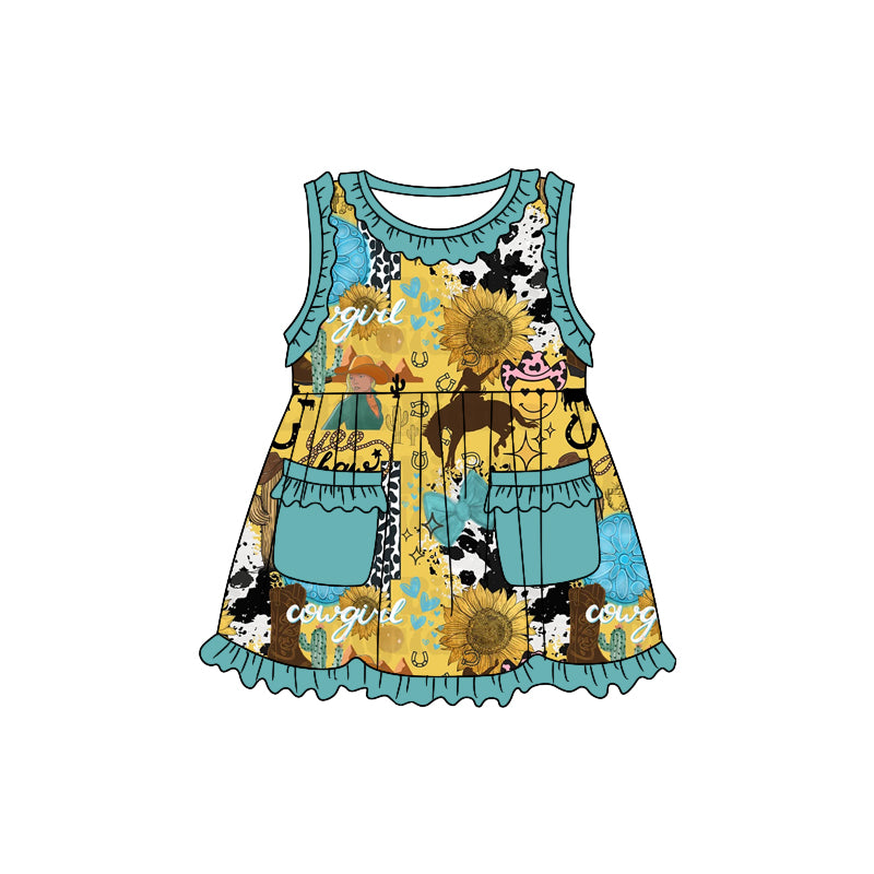 Girls riding horse smiley sleeveless with pocket dress
