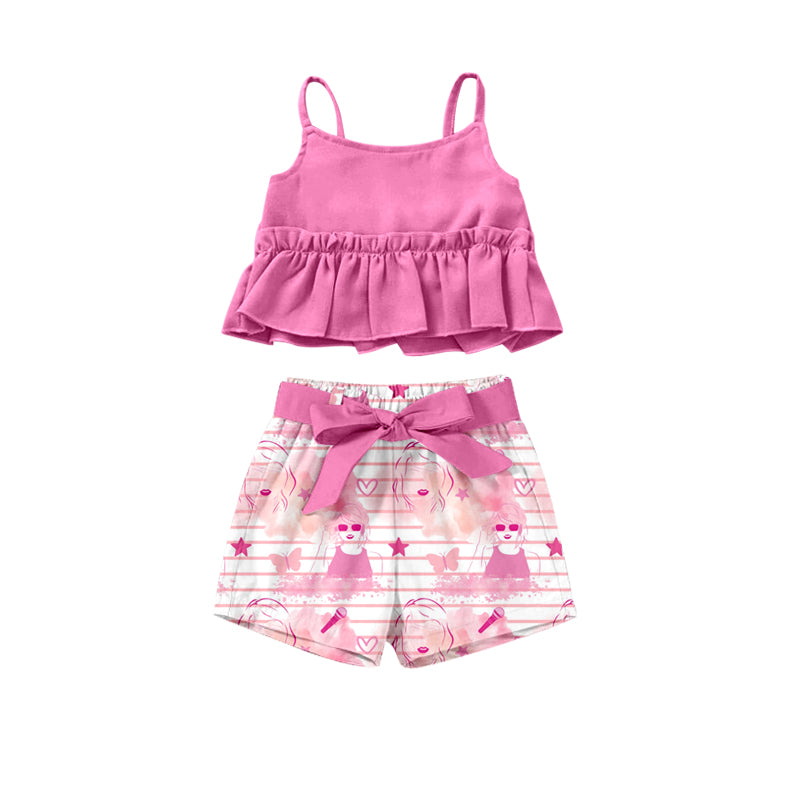 Girls pink suspender shorts suit