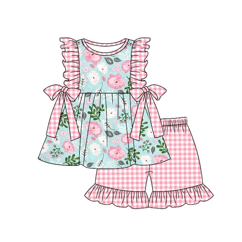 Girls pink flower fly sleeve shorts summer set