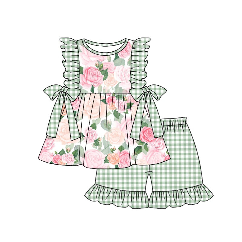 Girls flower fly sleeve shorts summer set