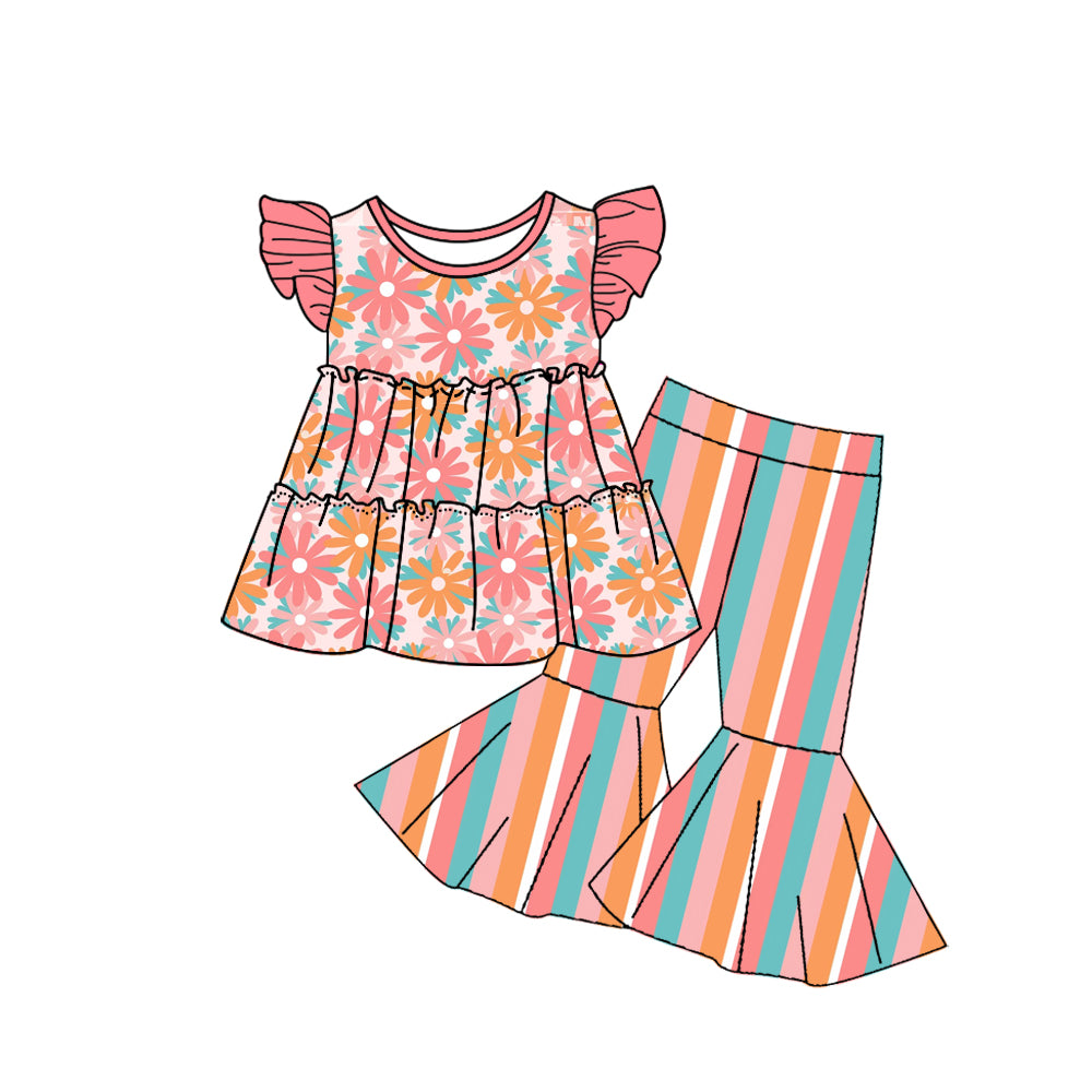 Girls flower fly sleeve striped suit