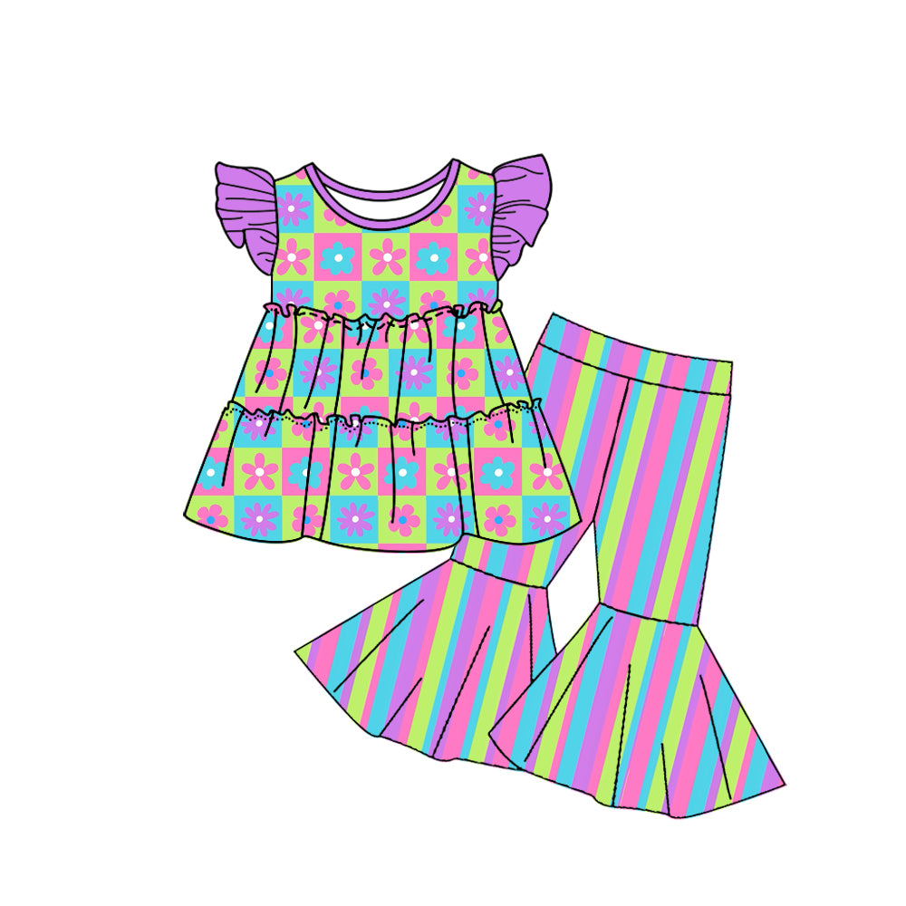 girls flying sleeve colorful striped pants suit