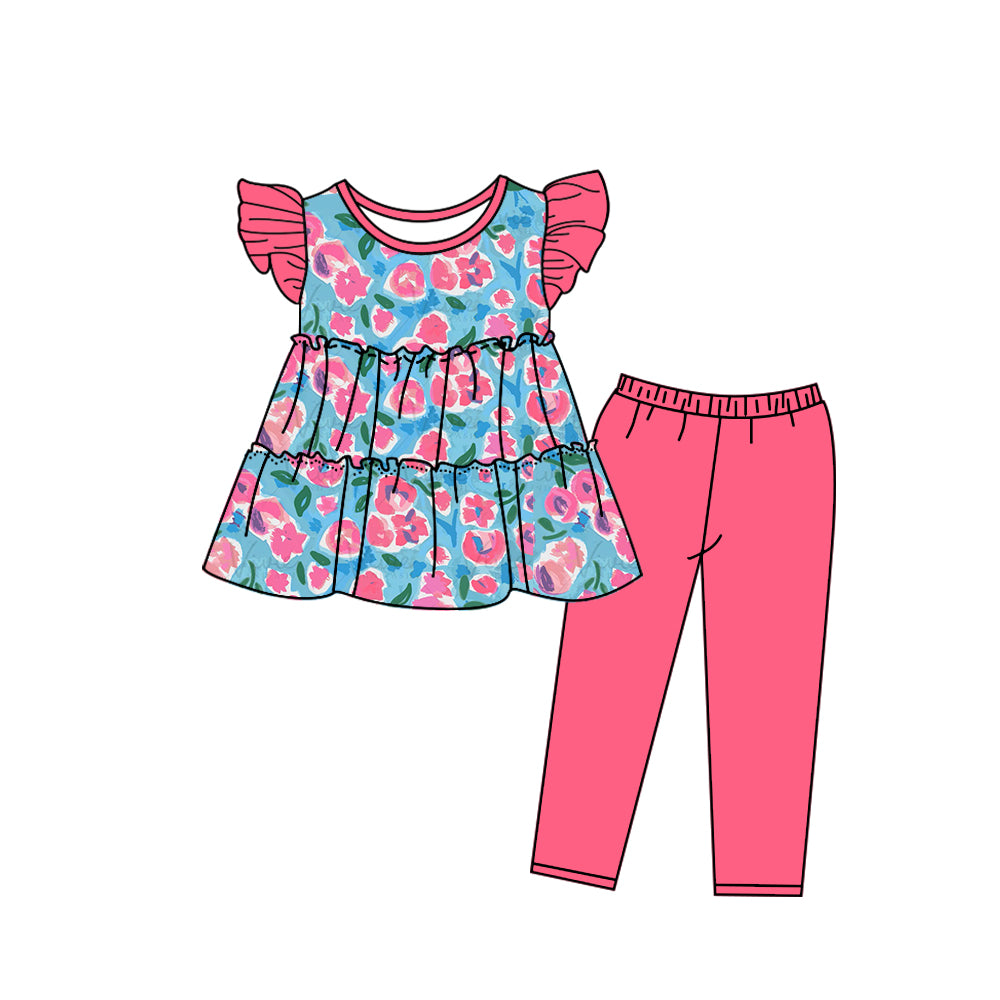 Girls flower fly sleeve pants suit