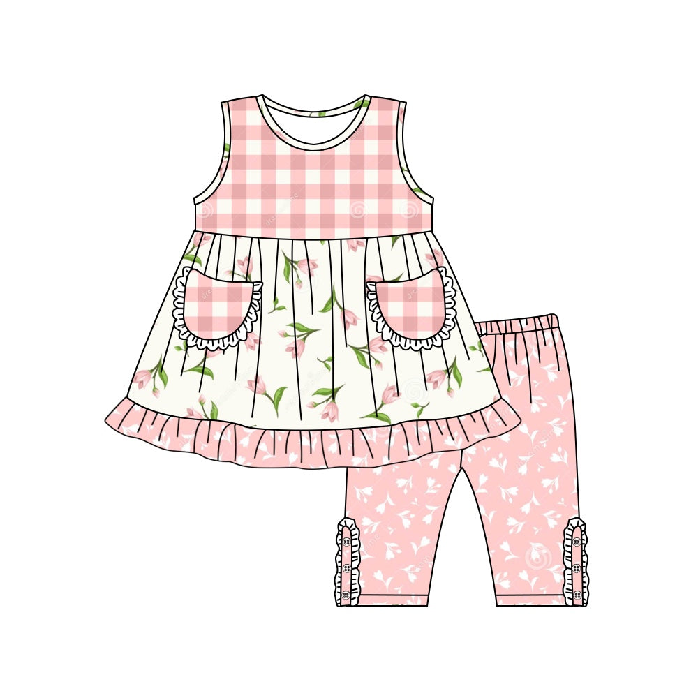 Girls flower pink sleeveless with pocket suit