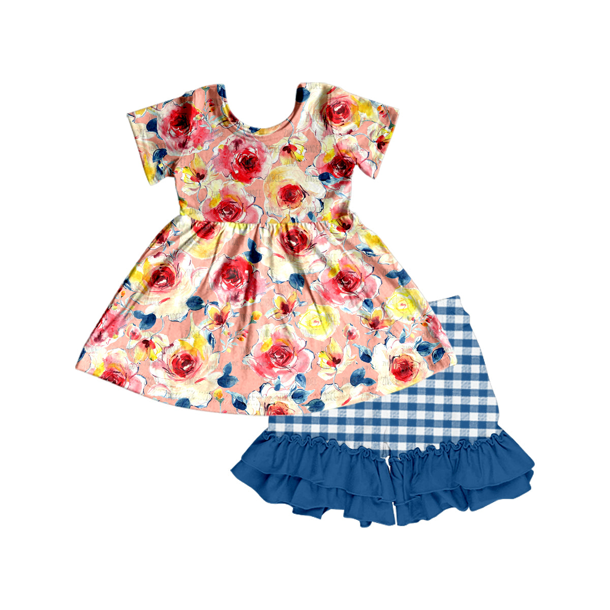 Girls flower short sleeve blue grid shorts suit