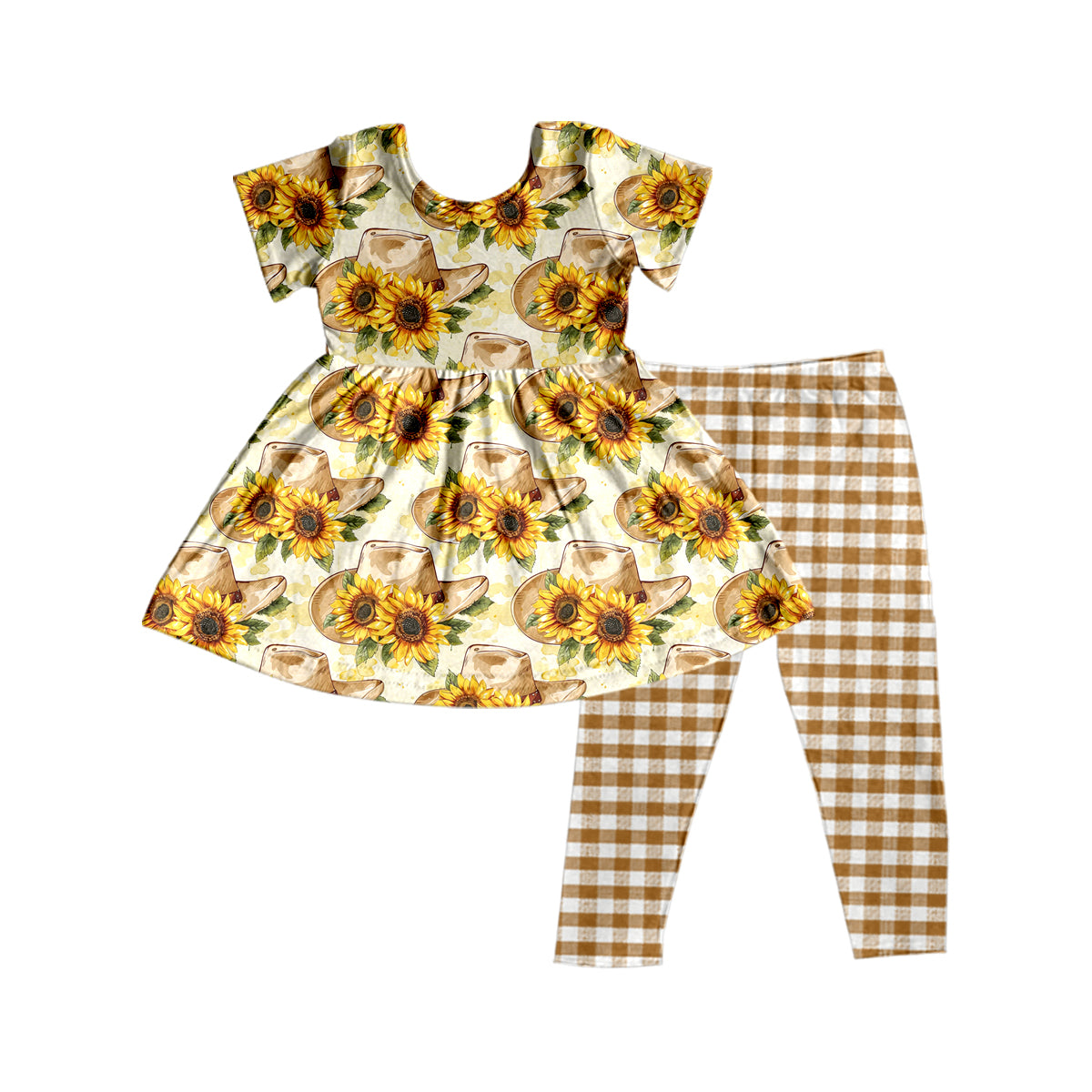 Girls sunflower short sleeve grid pants suit