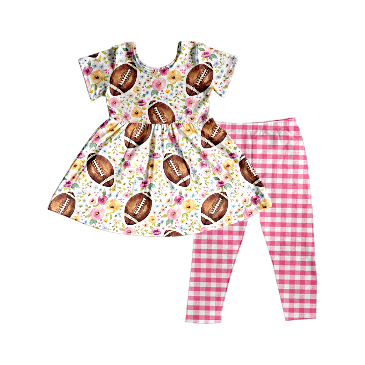 Girls flower short sleeve pink grid pants suit